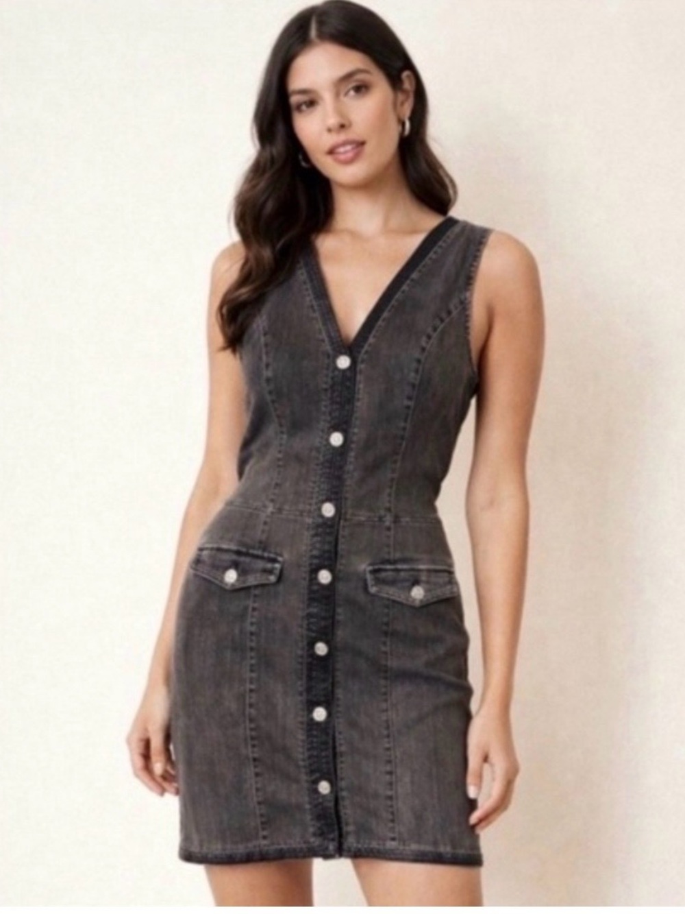 White House Black Market Sleeveless Washed Black Denim Button-Front Mini Dress